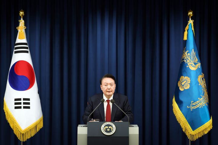 South Korean President Yoon Suk Yeol speaks during a press briefing at the presidential office in Seoul, South Korea, on Tuesday.