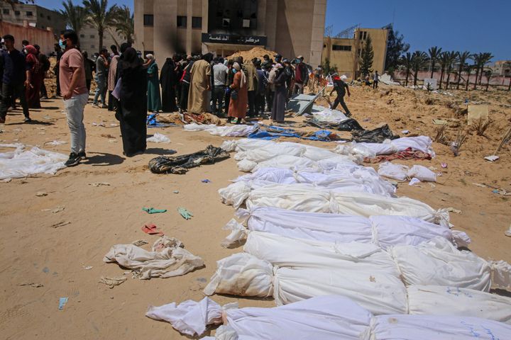 Bodies recovered from a mass grave at the Nasser Medical Hospital compound in Khan Younis, southern Gaza, on Sunday, April 21, 2024.