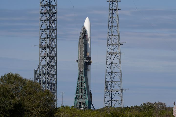 The Blue Origin New Glenn rocket stands ready on Launch Complex 36 at the Cape Canaveral Space Force Station, on Jan. 11, 2025, in Cape Canaveral, Fla.