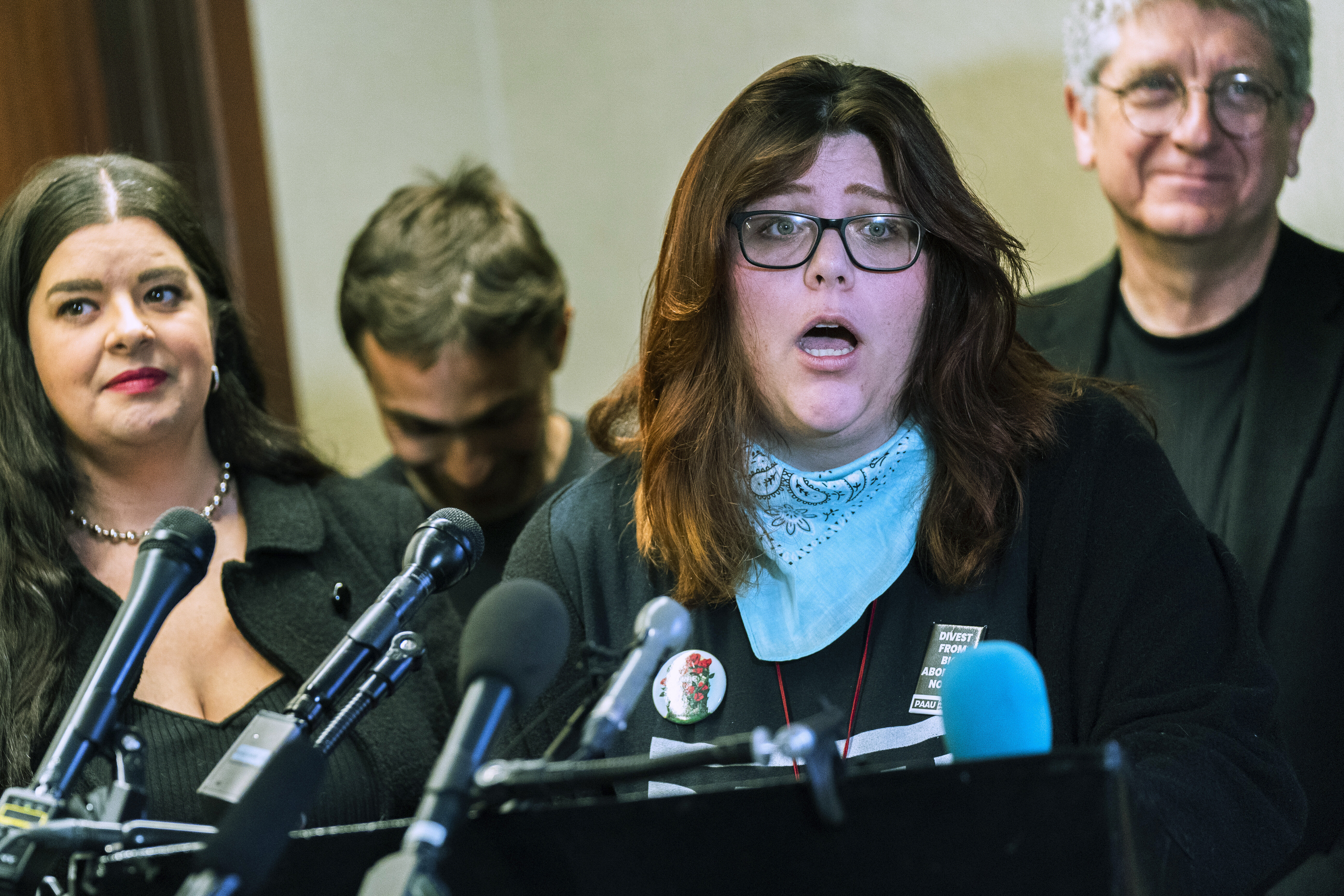 Anti-abortion activists Lauren Handy, front, with Terrisa Bukovinac, from left, Jonathan Darnell, and Randall Terry, speak during a news conference in Washington, April 5, 2022.