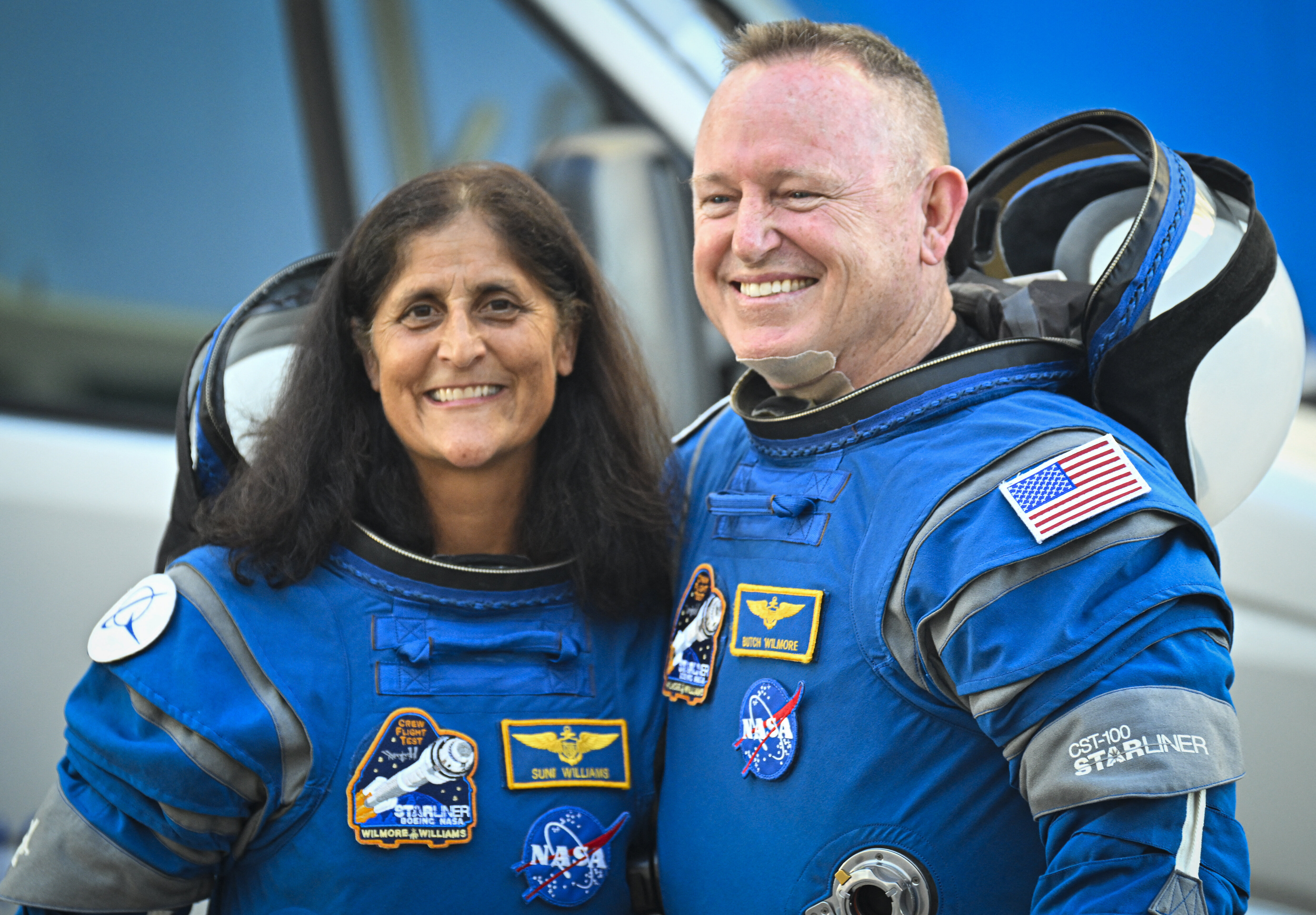 NASA astronauts Butch Wilmore (R) and Suni Williams seen last June before their departure to the ISS.