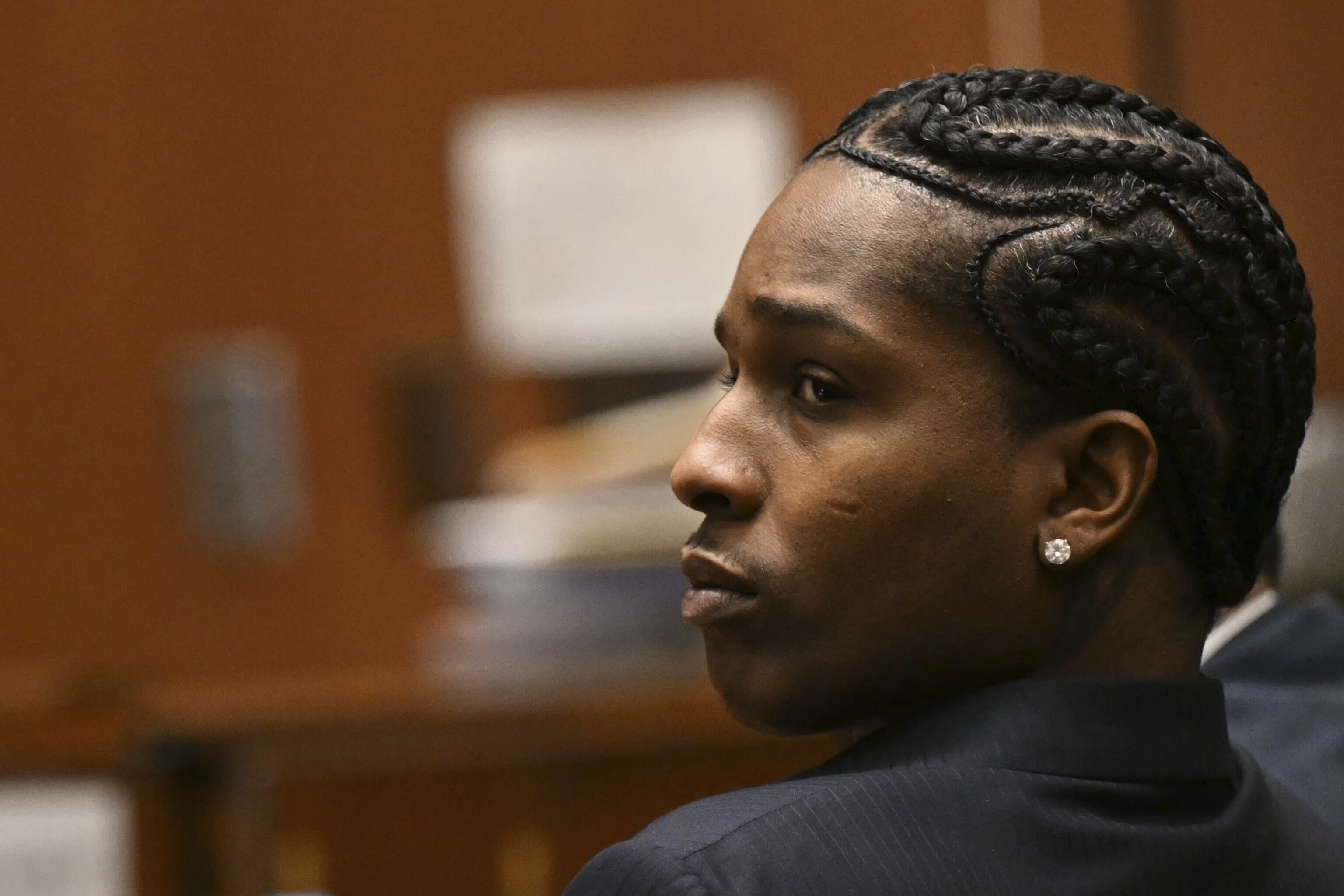 A$AP Rocky listens to closing arguments during his trial in Los Angeles, Friday, Feb. 14, 2025.