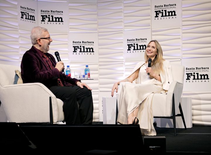 Leonard Maltin and Angelina Jolie speak onstage the Maltin Modern Master Award ceremony during the 40th Santa Barbara International Film Festival at Arlington Theatre on February 05, 2025 in Santa Barbara, California. 