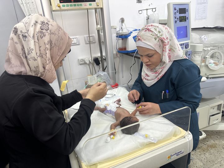 Babies receive medical treatment at a hospital in the Ramal neighborhood of Gaza, on Feb. 25, 2025. Five of the nine children who were hospitalized over the last two weeks for hypothermia have died, while three of the babies recovered from treatment.