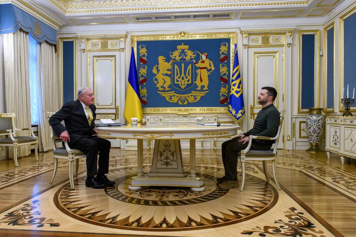 Ukrainian President Volodymyr Zelenskiy and U.S. President Donald Trump's special envoy, General Keith Kellogg, meet in Kyiv, Ukraine, on February 20, 2025. (Photo by Maxym Marusenko/NurPhoto via Getty Images)