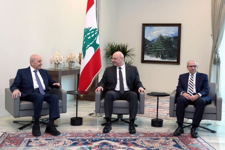 In this photo released by the Lebanese Presidency Press Office, Lebanese president Joseph Aoun, center, meets with Prime Minister-designate Nawaf Salam, right, and parliament speaker Nabih Berri, left, in Baabda, east of Beirut, Lebanon, Thursday, Feb. 6, 2025. (Lebanese Presidency press office via AP)