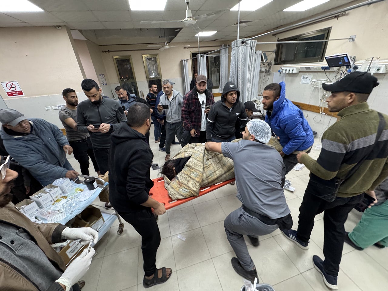 Patients are taken into Nasser Hospital in Khan Younis on March 18, 2025.