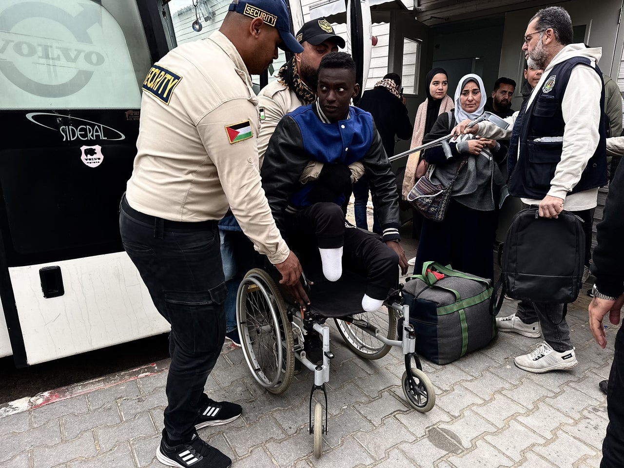 Ambulances carrying the sick and wounded leave European Hospital in Khan Younis, Gaza, for the Rafah border crossing into Egypt on Feb. 8, 2025.