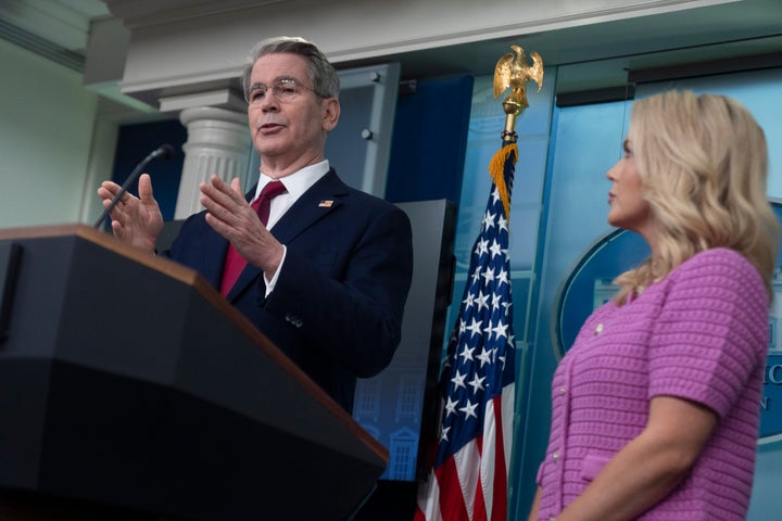 Treasury Secretary Scott Bessent with White House press secretary Karoline Leavitt, right, speaks to reporters in the James Brady Press Briefing Room at the White House, Tuesday, April 29, 2025, in Washington. (AP Photo/Manuel Balce Ceneta)