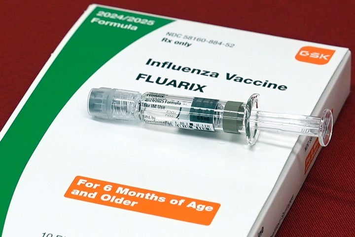 A flu vaccine is displayed at a pharmacy in New York, on Tuesday, Sept. 24, 2024. (AP Photo/Mary Conlon, File)