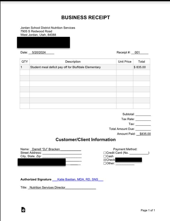 The receipt the author received for his first school lunch debt payment.