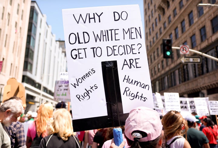 Protestors demonstrate at the March for Reproductive Rights organized by Women’s March L.A. on April 15, 2023 in Los Angeles, California.