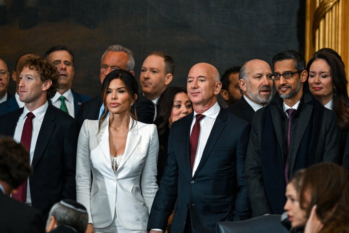 Mark Zuckerberg, chief executive officer of Meta Platforms Inc., Jeff Bezos, founder of Amazon.com Inc., and Sundar Pichai, chief executive officer of Alphabet Inc., had front-row seats during Trump's 2025 inauguration in Washington.