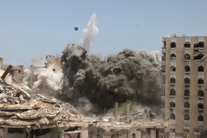Smoke and debris rise from an Israeli strike on a house west of Jabalia, in the northern Gaza Strip, on June 1, 2025.