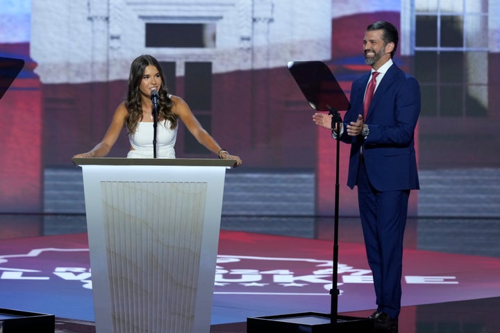 Donald Trump Jr. is seen listening to his daughter Kai speak during the Republican National Convention last summer.