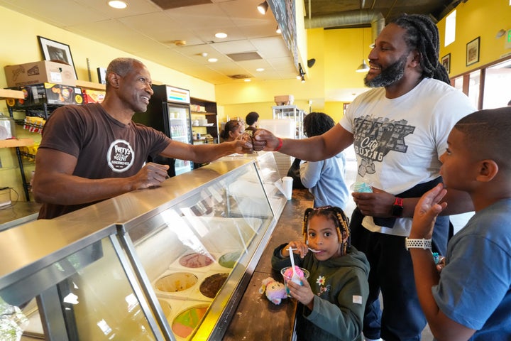 Perry Bennett of Perry's Joint serves customers on April 28, 2025, in Pasadena, Calif.