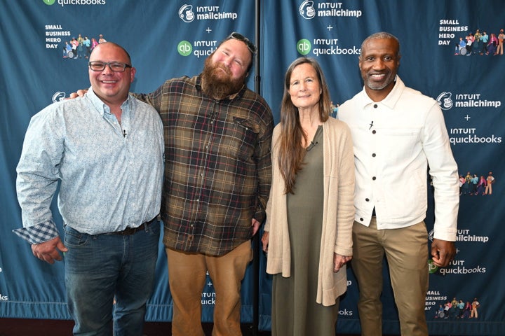 Three businesses were awarded with $20,000 at Intuit QuickBooks and Mailchimp's fourth annual Small Business Hero Day at Intuit Dome on April 25, 2025, in Inglewood, Calif. Pictured here are Jay Rathmann of BJ's Nevada Barbecue, Paul Goldberg and Darrie Ganzhorn of the Homeless Garden Project, and Perry Bennett of Perry’s Joint.