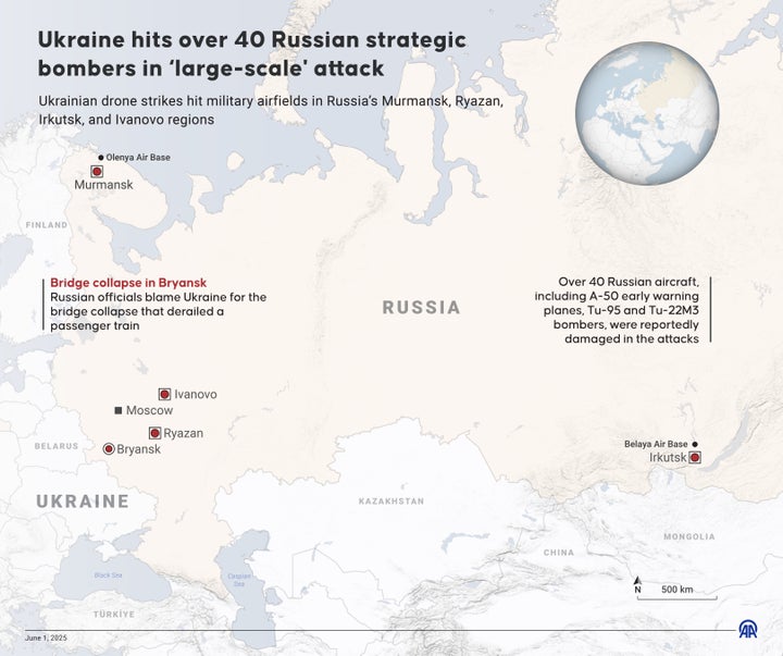 Ukrainian drone strikes hit military airfields in Russia's Murmansk, Ryazan, Irkutsk, and Ivanovo regions.