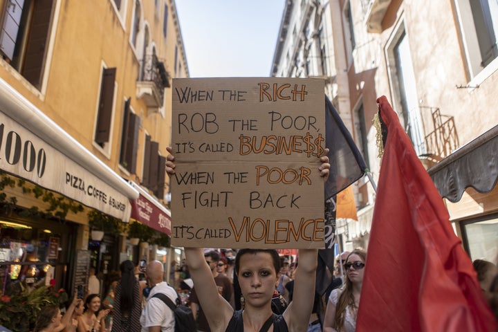 About a thousand protesters took part in a protest march against Jeff Bezos' wedding in Venice, Italy, on Saturday.